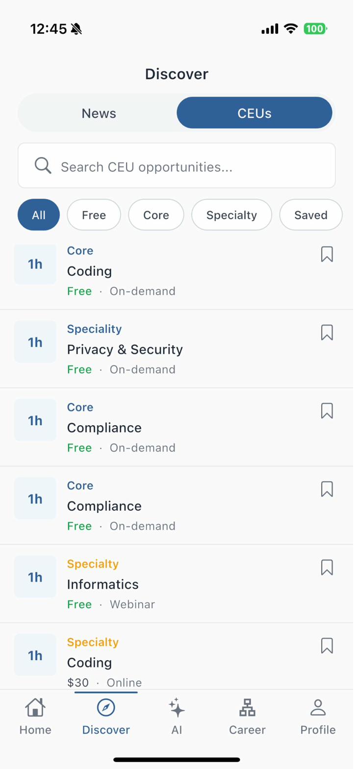 CEU discovery feed showing filterable continuing education opportunities