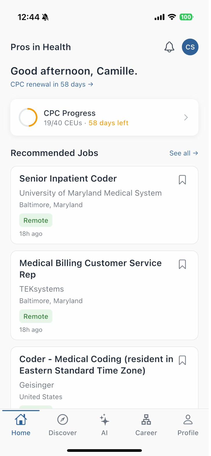Pros in Health home dashboard showing personalized greeting, CEU progress, and recommended jobs