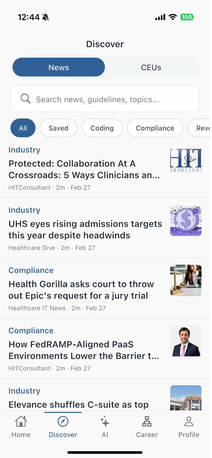 Discover feed showing curated industry news and compliance updates