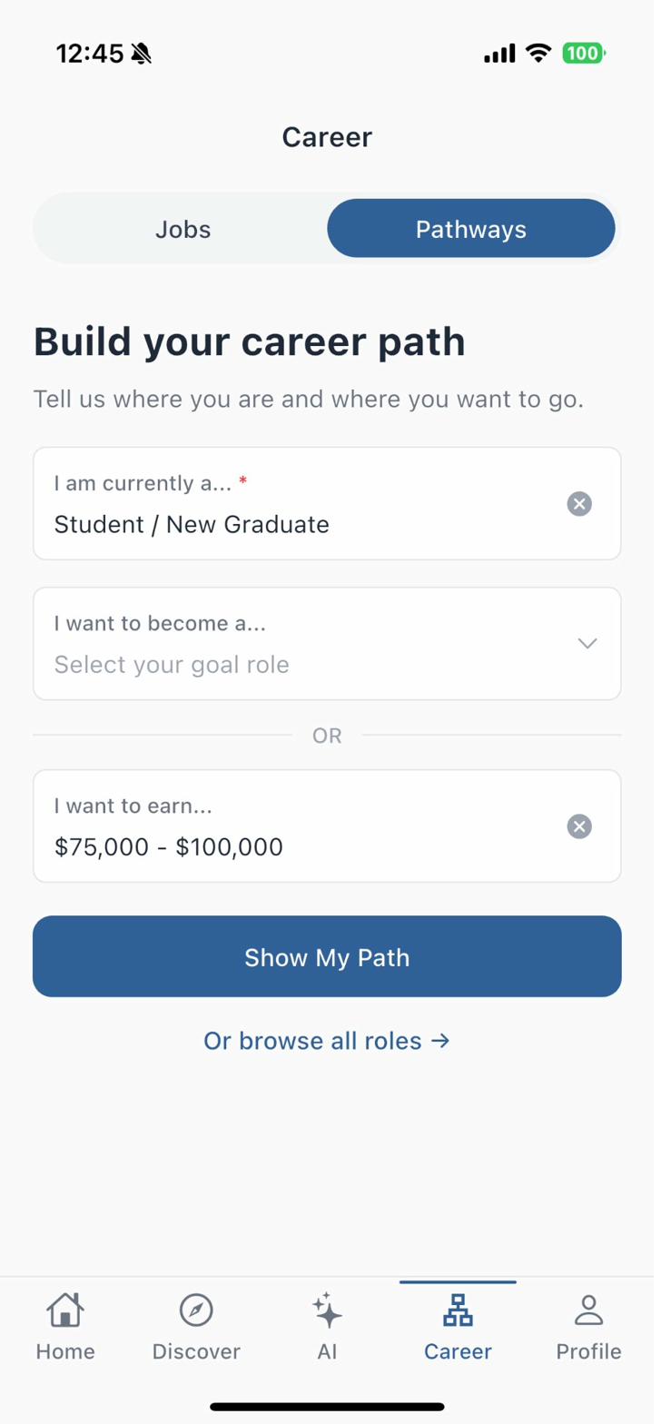 Career Pathways builder showing role selection and salary goals