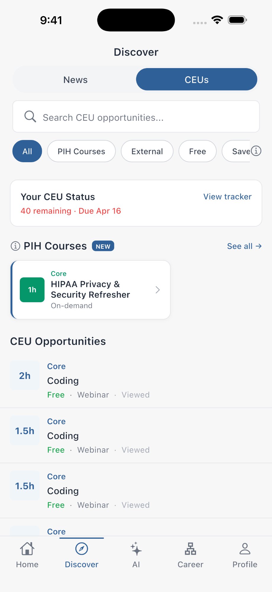 PIH Courses in the app showing HIPAA Privacy and Security Refresher module with CEU tracking
