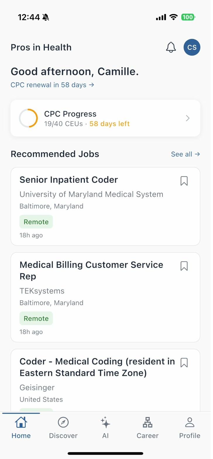 Pros in Health home screen showing personalized dashboard with CEU tracking and recommended jobs